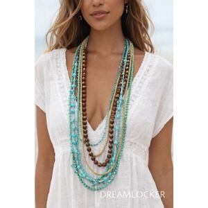 Vintage Boho Chic Wood /Plastic Beads Multi Strand Necklace Funky Multicolor 33"